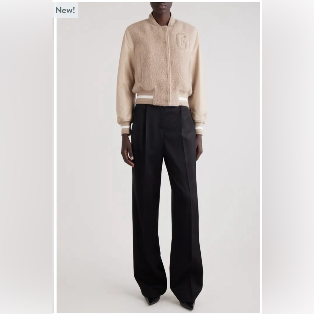 AUTHENTIC GIVENCHY ALPACA BLEND & LEATHER PUMICE BEIGE VARSITY JACKET SIZE 34